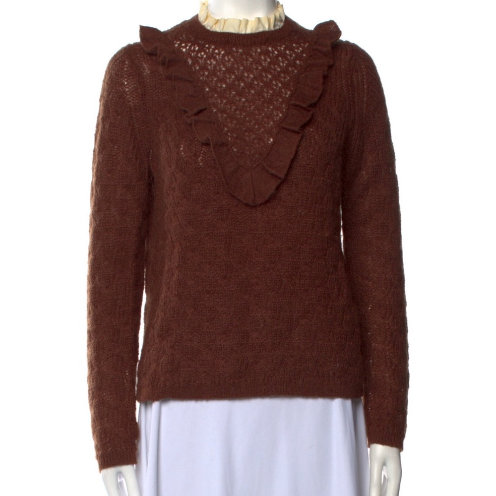 Sezane Brown Textured Crew Neck Sweater with Ruffle Detail